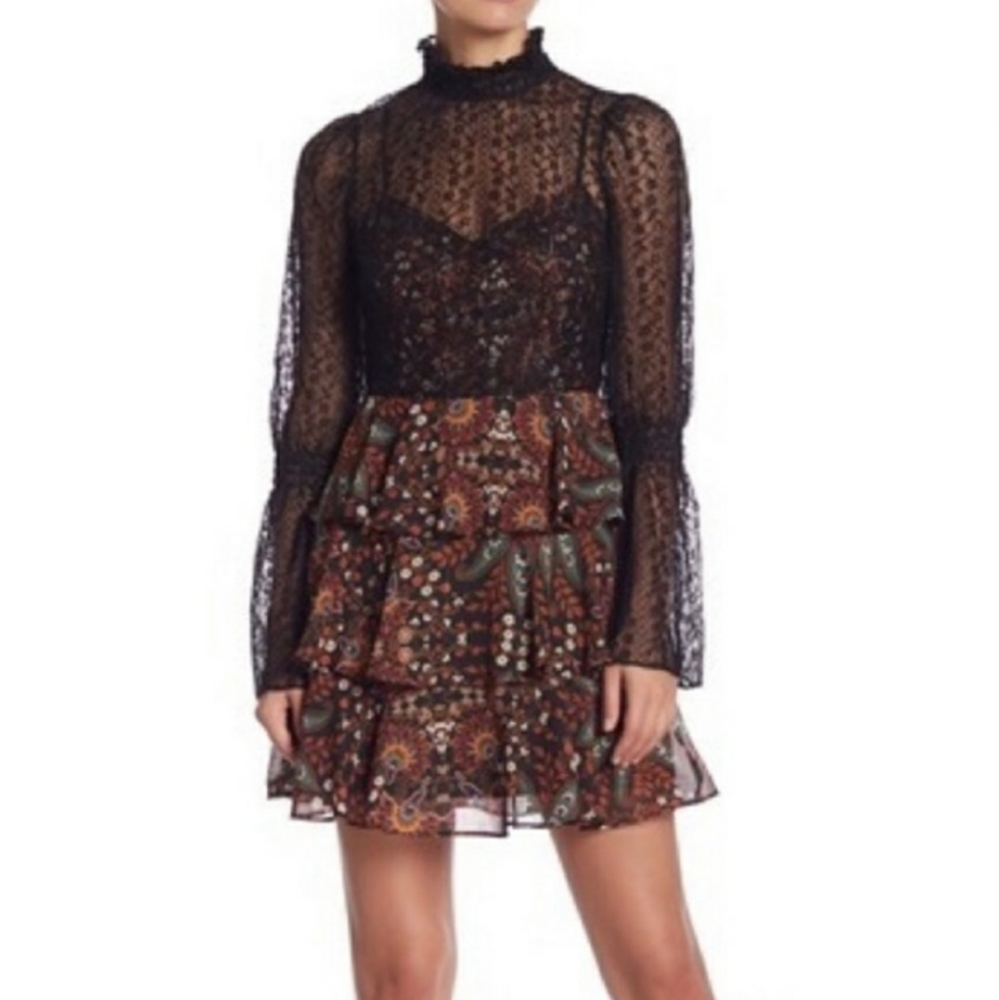 BCBG Mixed Media Tiered Ruffle Lace Dress Sz2 NWT